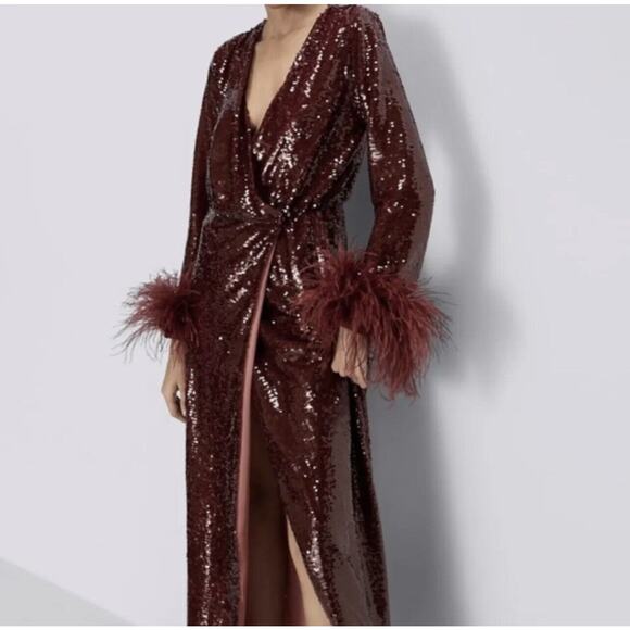Zara Limited Edition Burgundy Red Sequin Feathers Cuff Wrap Maxi Dress Medium - Picture 1 of 4